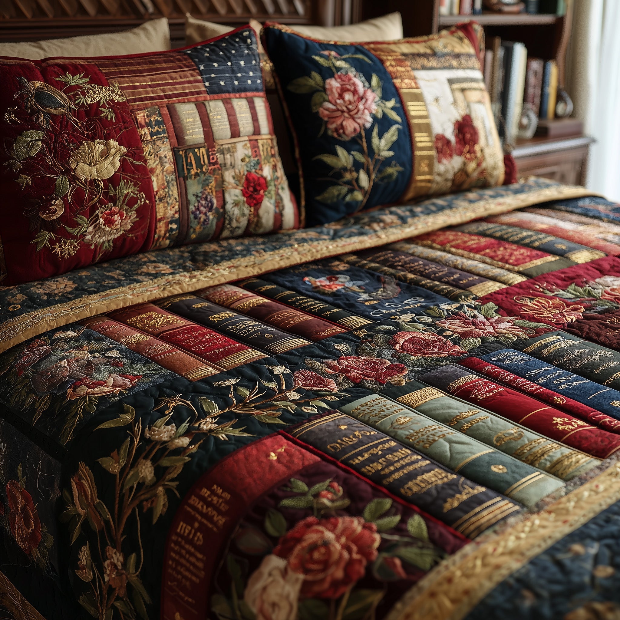 Floral Bookish Quilted Bedding Set For Family