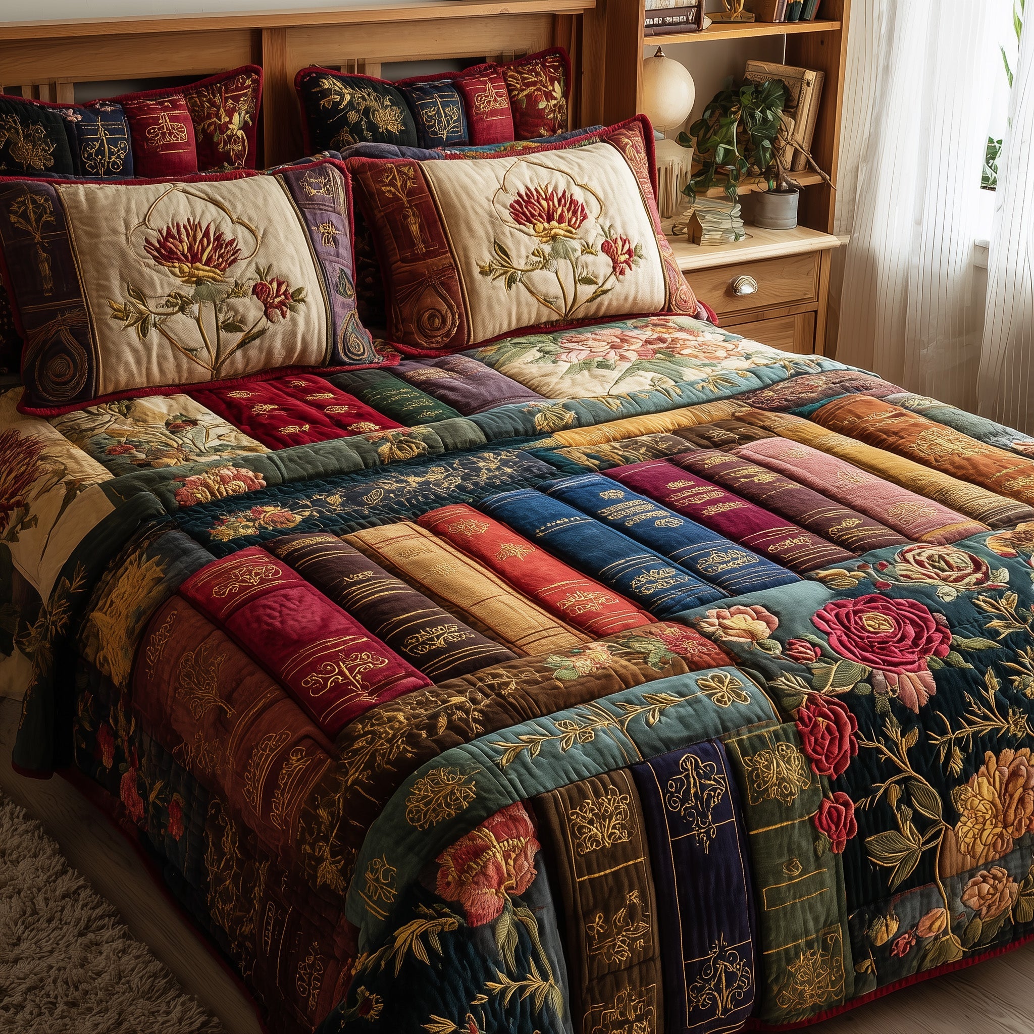 Floral Bookish Quilted Bedding Set For Men