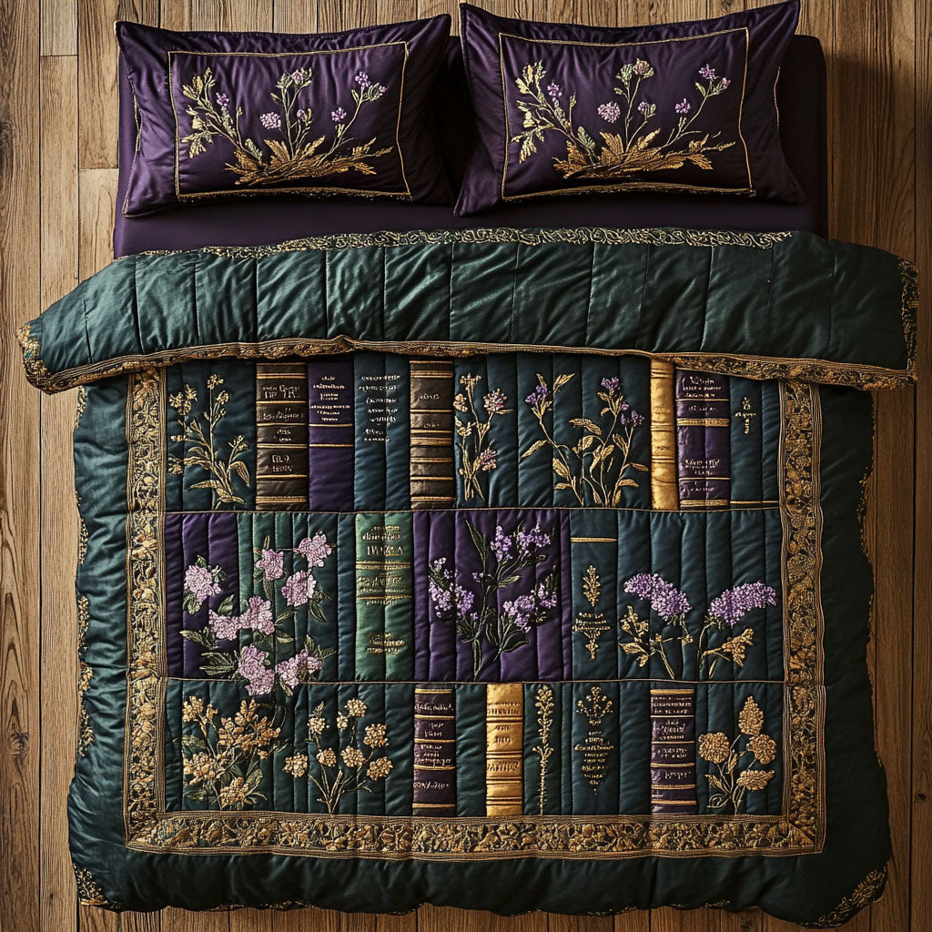 Floral Bookshelf Quilt Bedding Set Full Size Bed Set Cozy Gift for Book Lovers