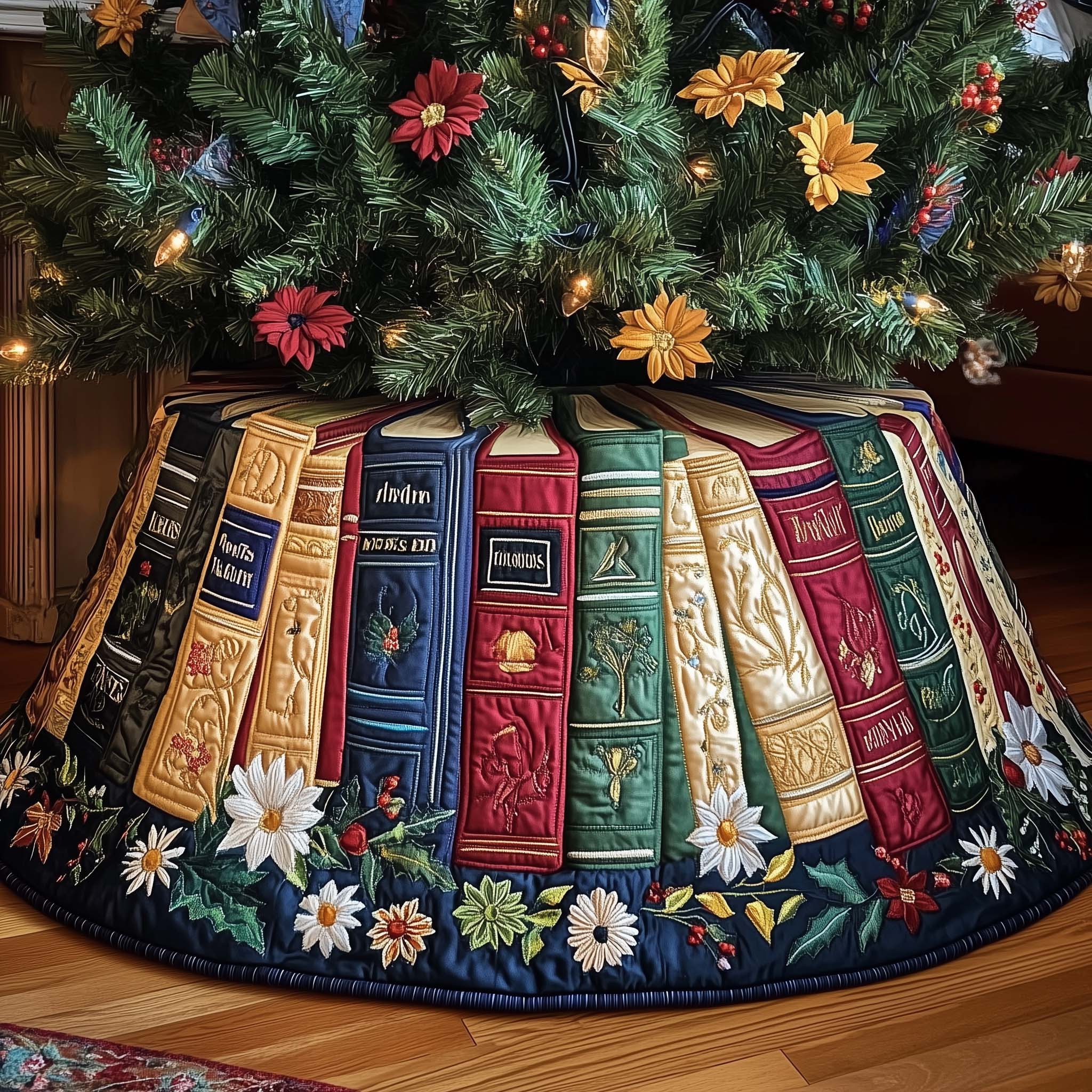 Floral Bookworm Quilted Tree Skirt Xmas Home Decor Christmas Gifts For Book Readers