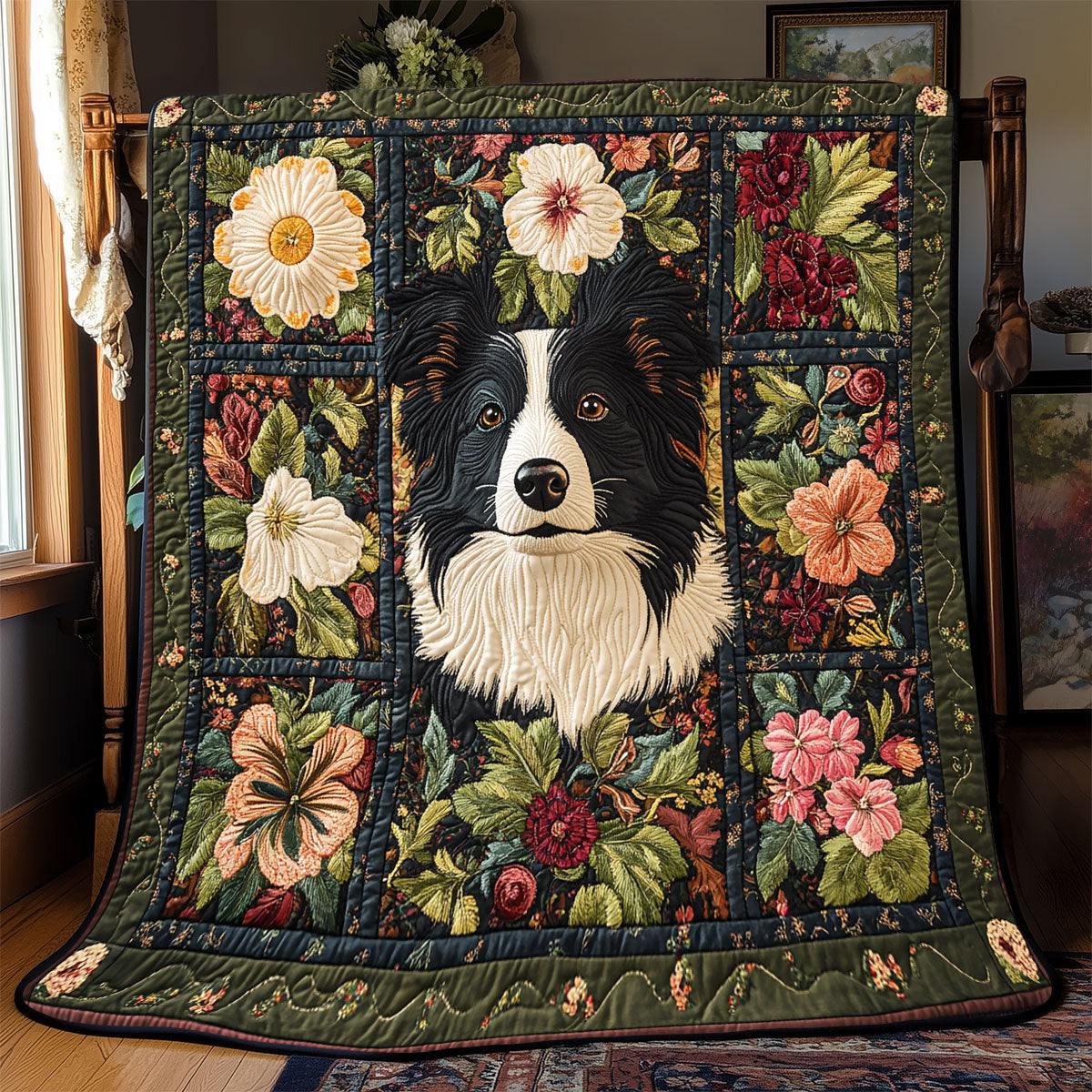 Floral Border Collie Quilt Blanket Modern Throw Blanket Cozy Presents For Dog Lovers