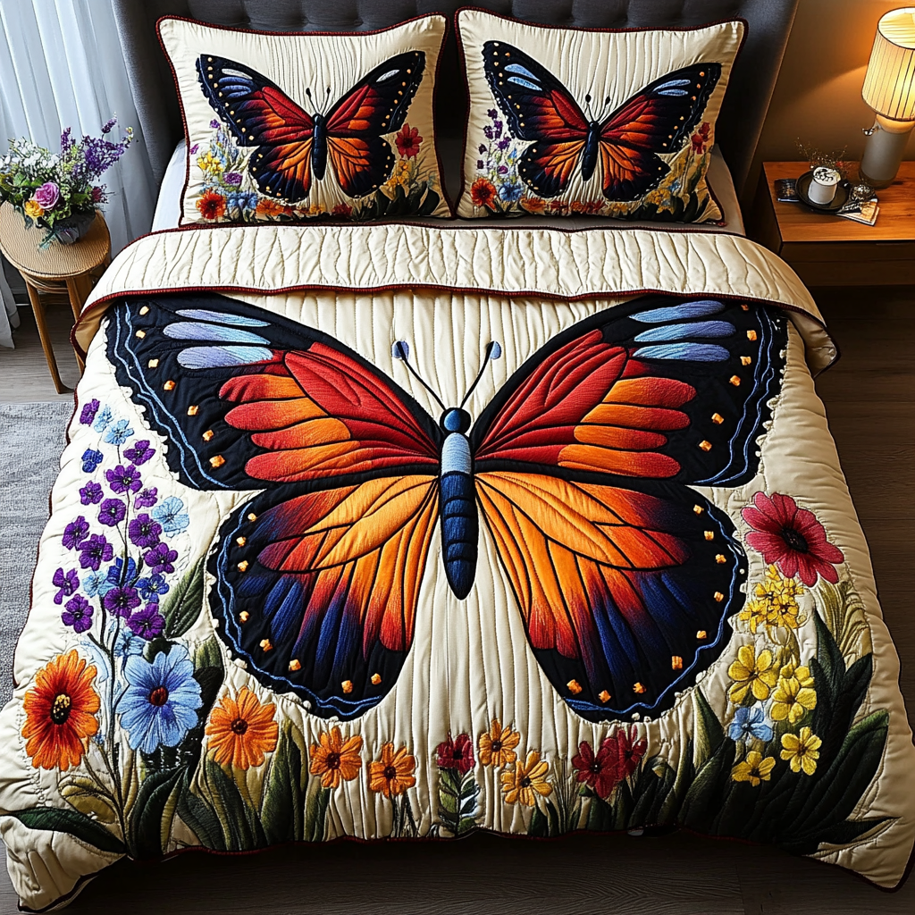 Floral Breeze Quilted Bedding Set Bed Decor Great Butterfly Lover Gift Ideas
