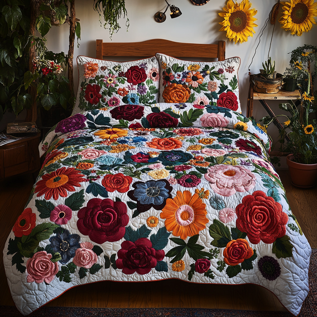 Floral Burst Quilted Bedding Set Best Christmas Duvet Cover Set Christmas Gifts For Flower Lovers