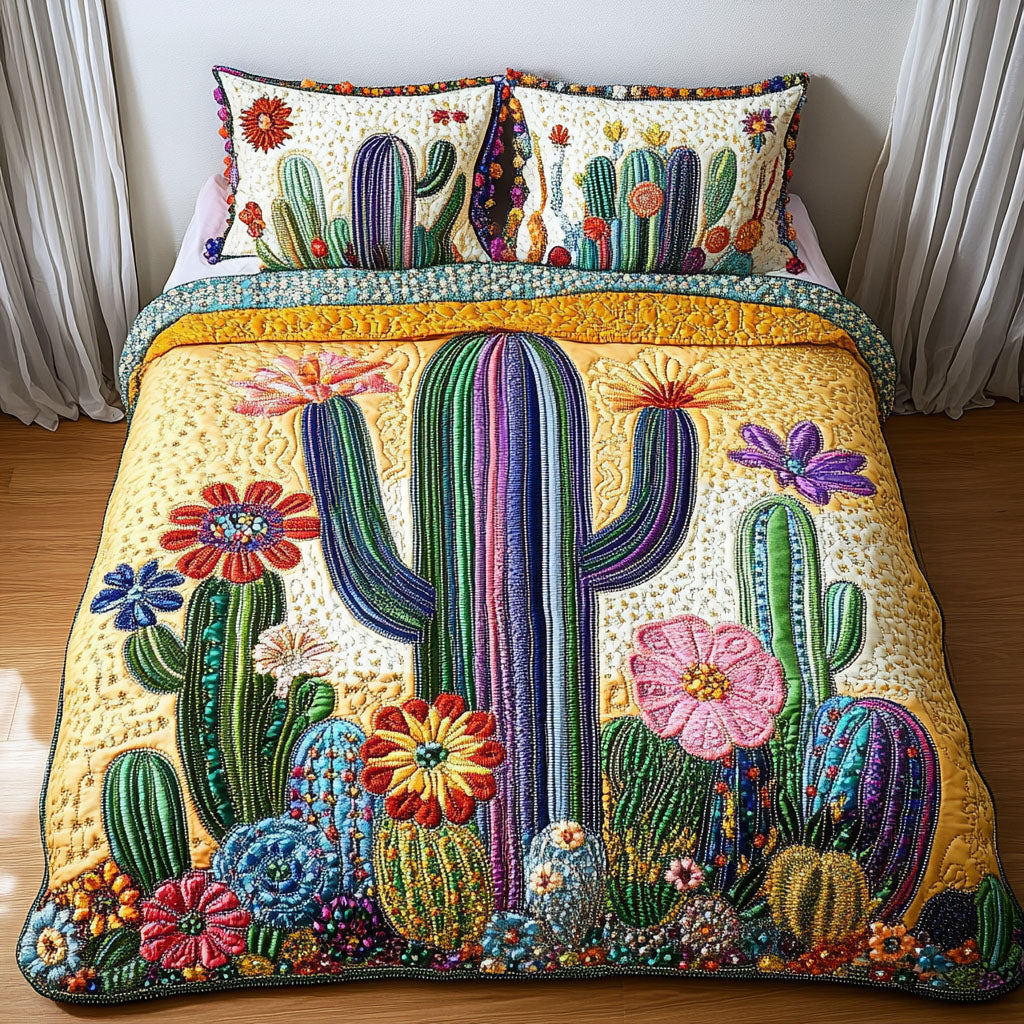 Floral Cactus Quilted Bedding Set Holiday Duvet Cover Set Gift For Cactus Lover