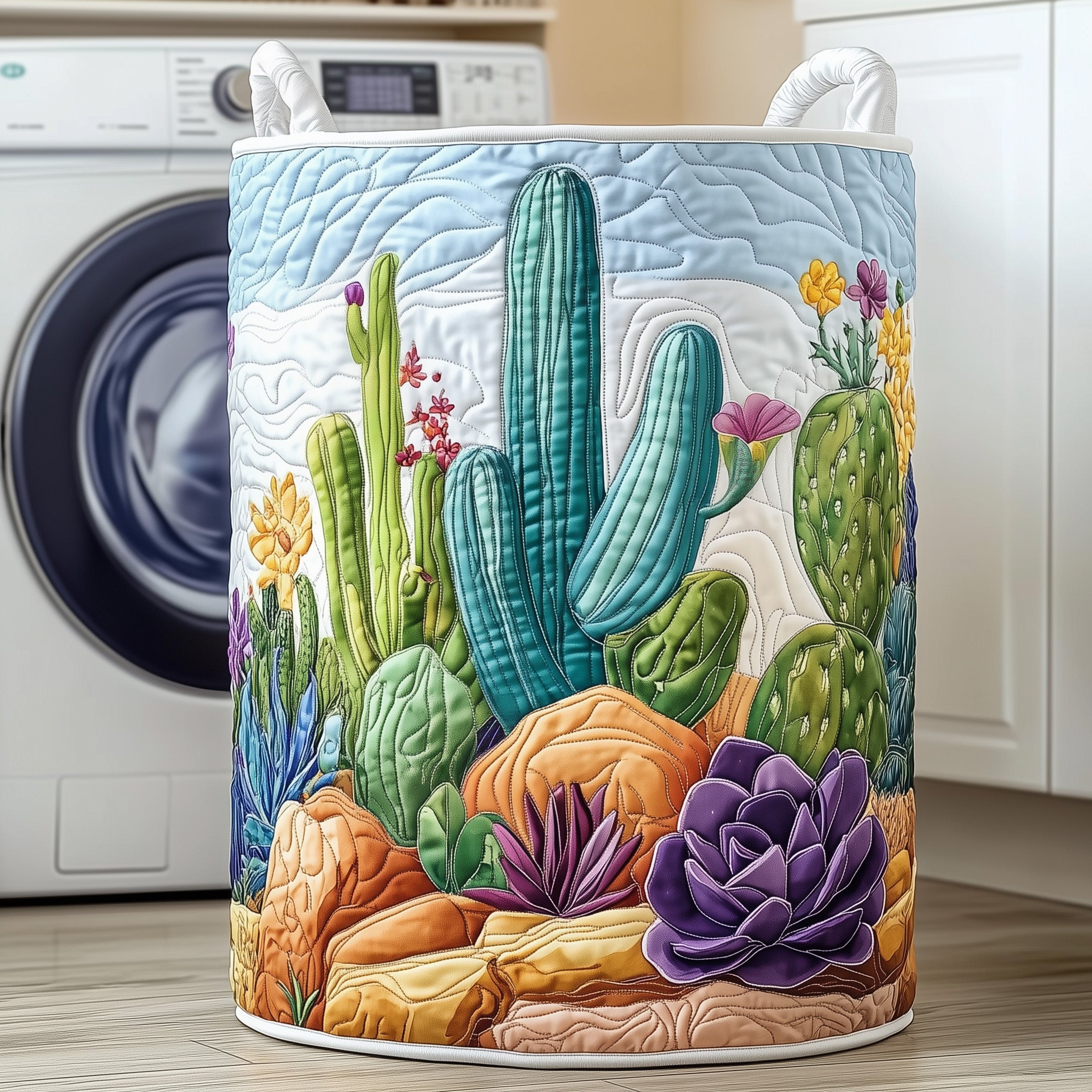 Floral Cactus Quilted Laundry Basket Merch For Home And Living