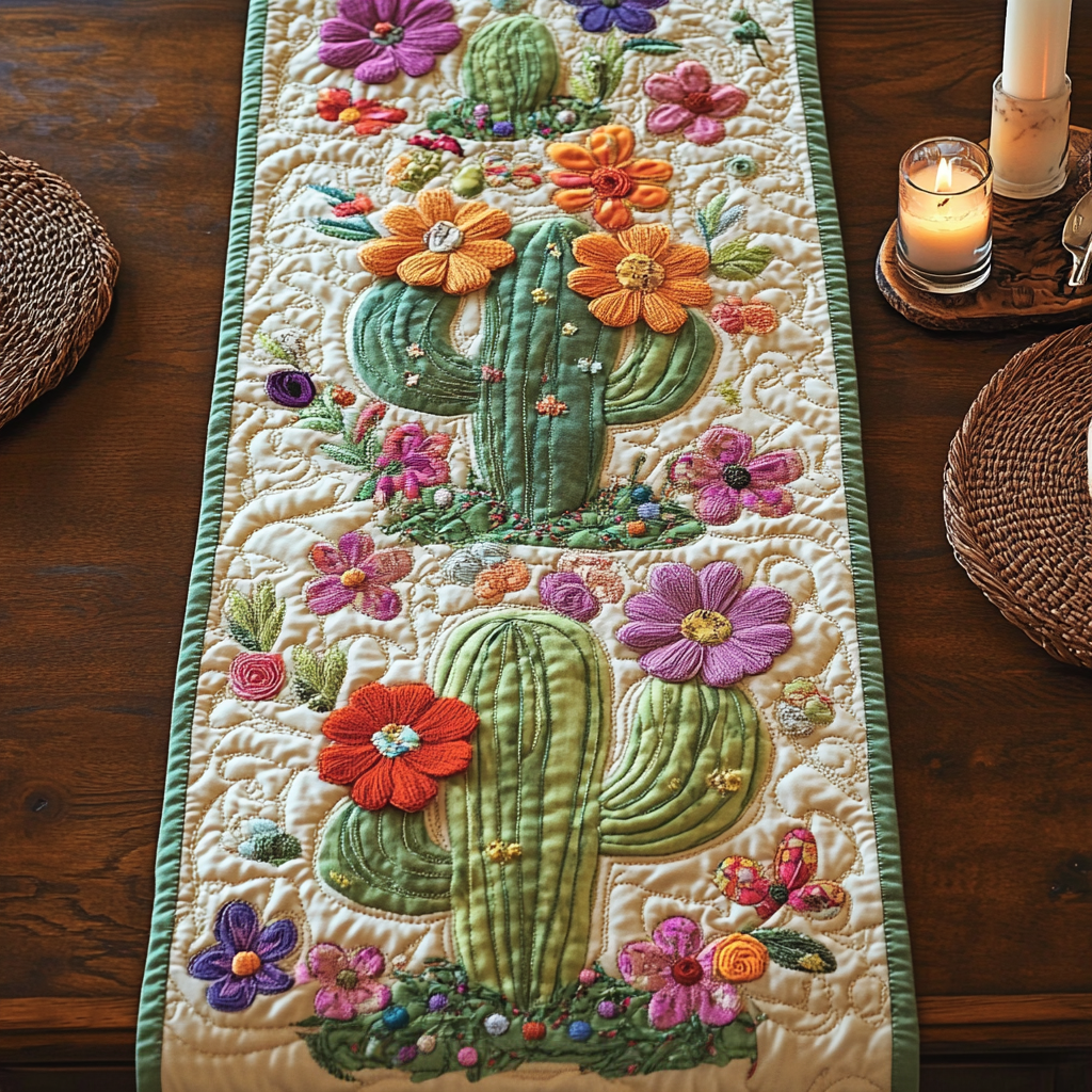 Floral Cactus Quilted Table Runner Dining Room Decor Cute Cactus Gifts