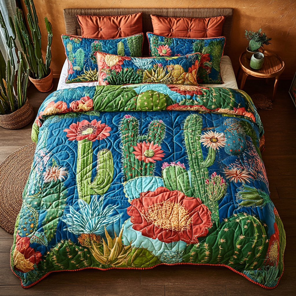 Floral Cactus Serenity Quilted Bedding Set Beautiful Bedding Merch Gift for a Peaceful Sleep