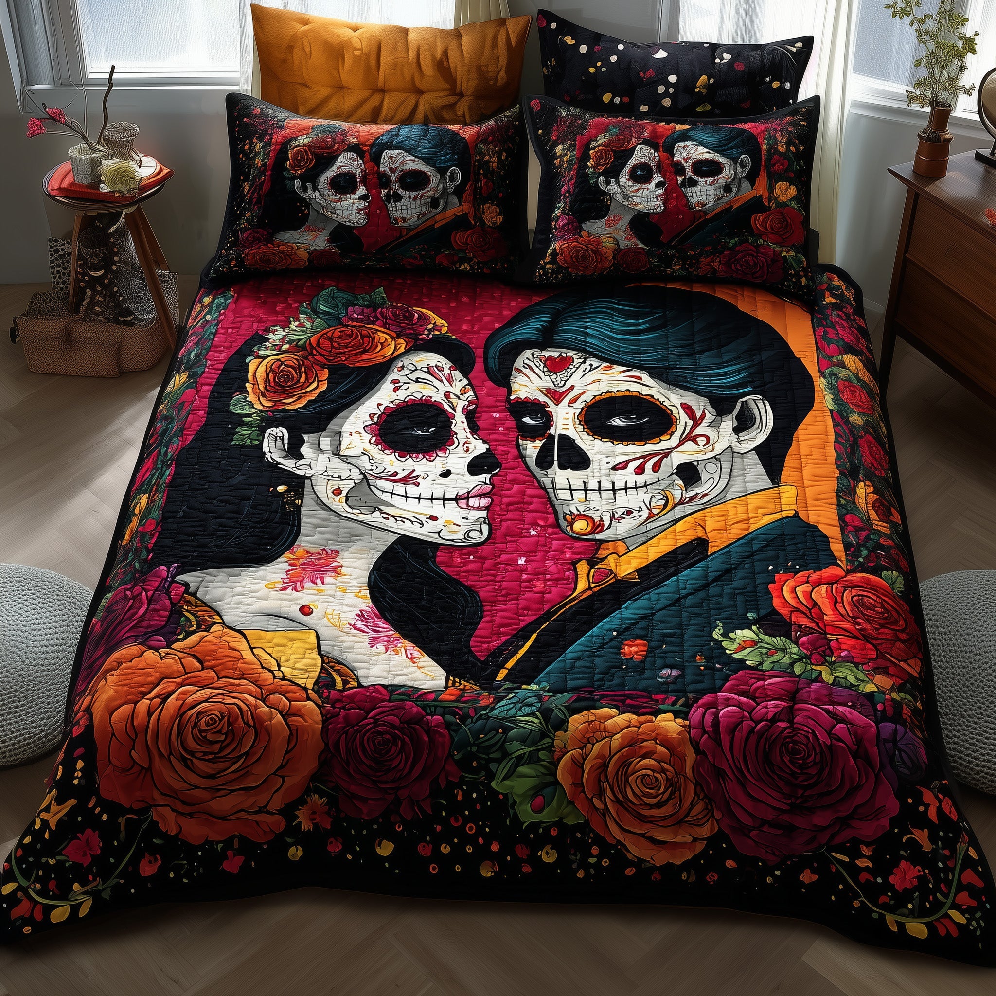 Floral Calavera Quilted Bedding Set All-Season