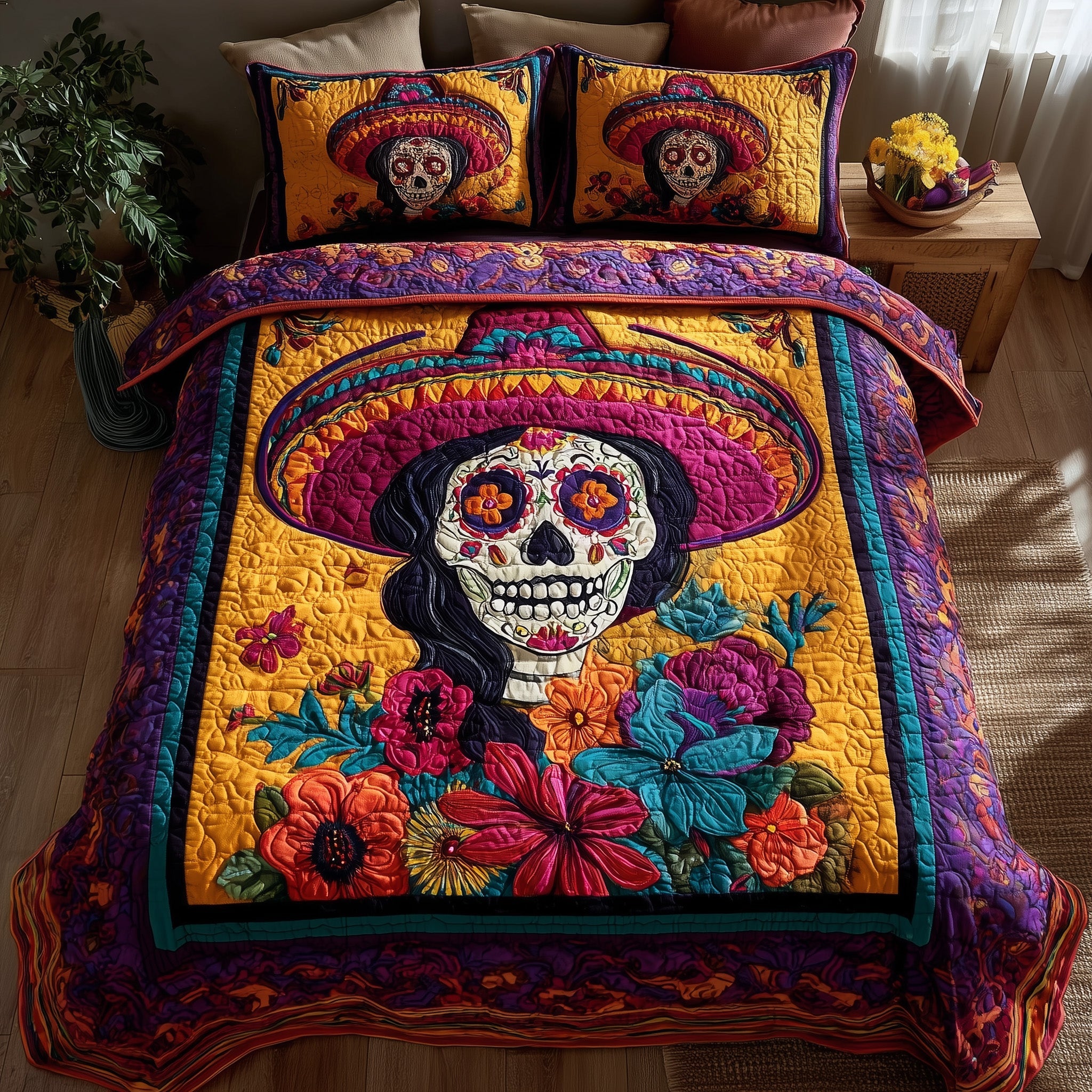 Floral Calavera Quilted Bedding Set For Family