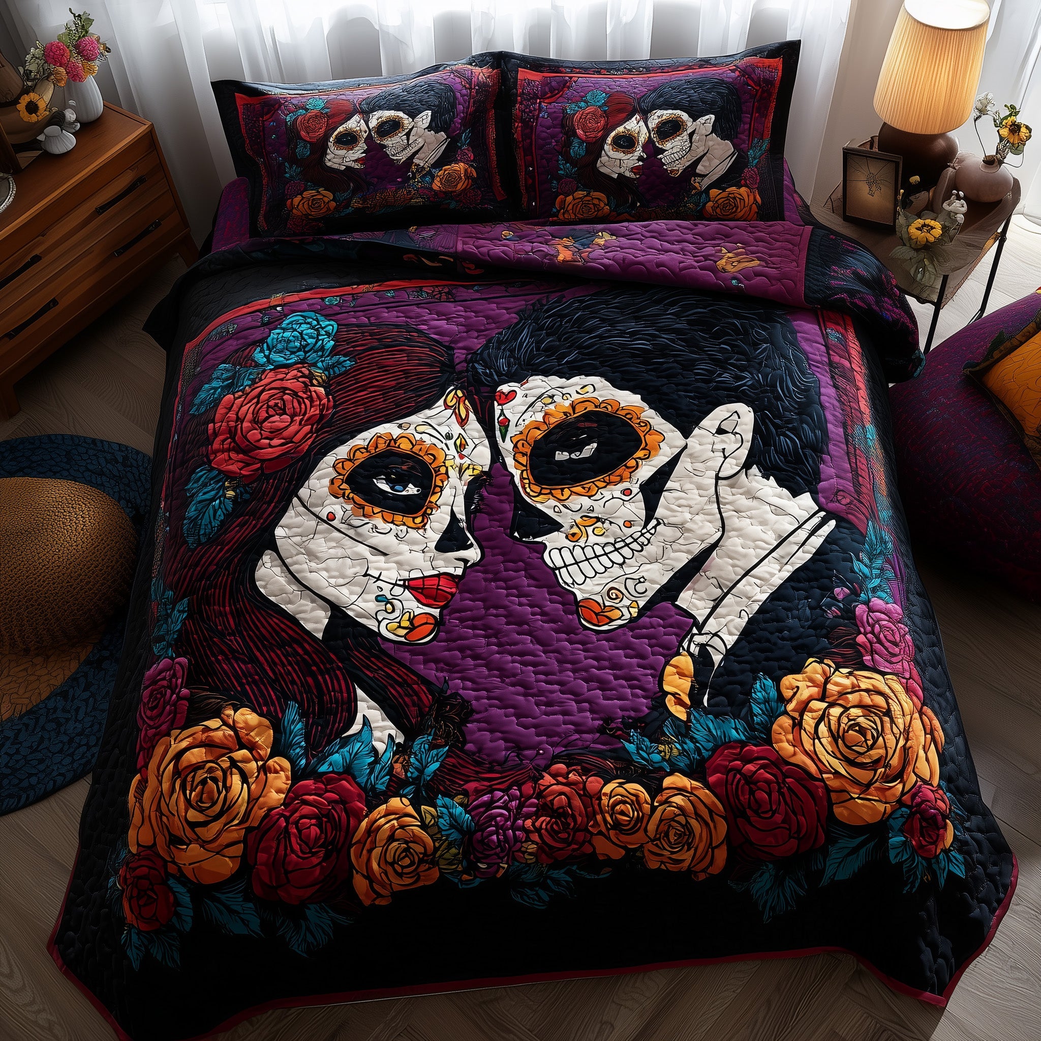 Floral Calavera Quilted Bedding Set For Kids