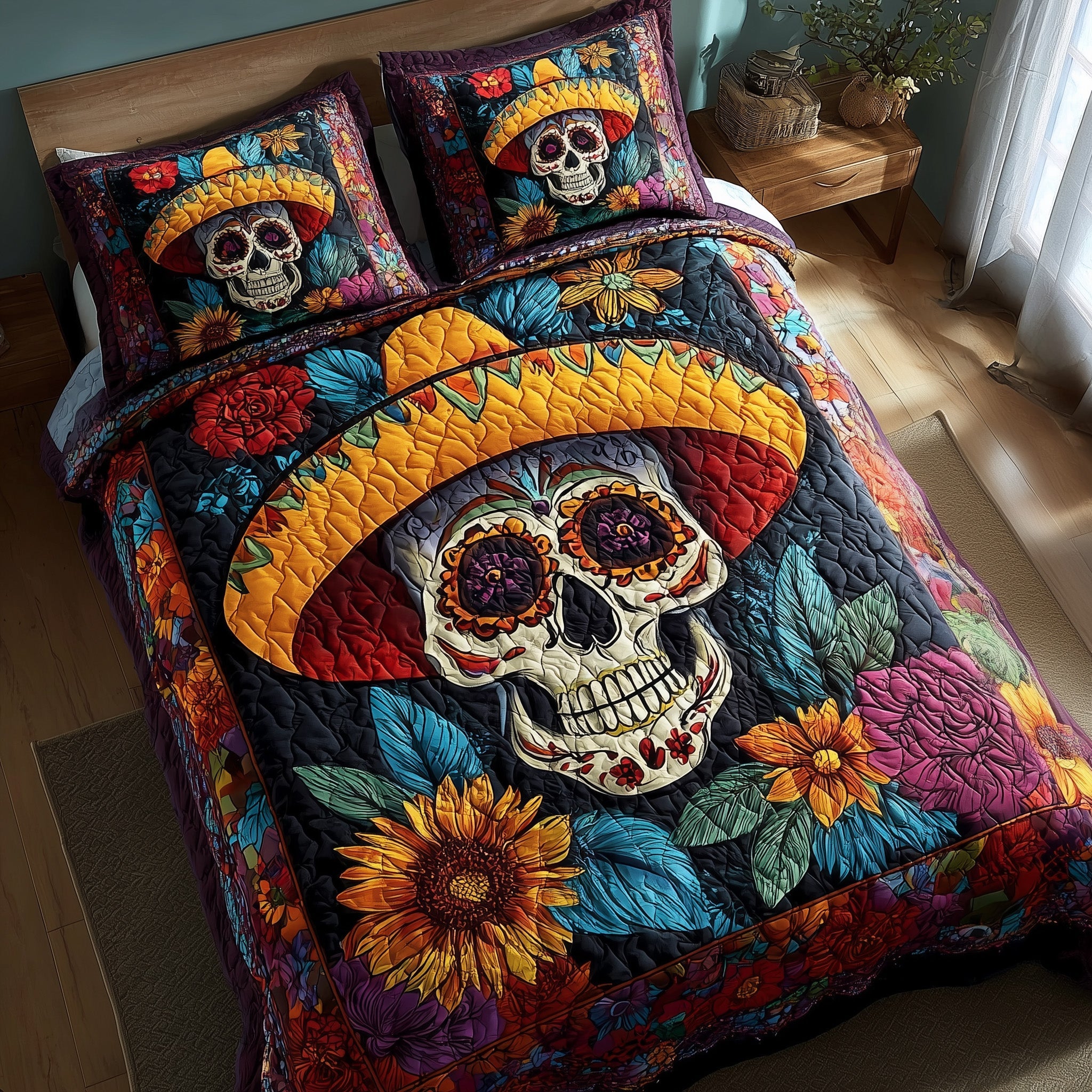 Floral Calavera Quilted Bedding Set For Women