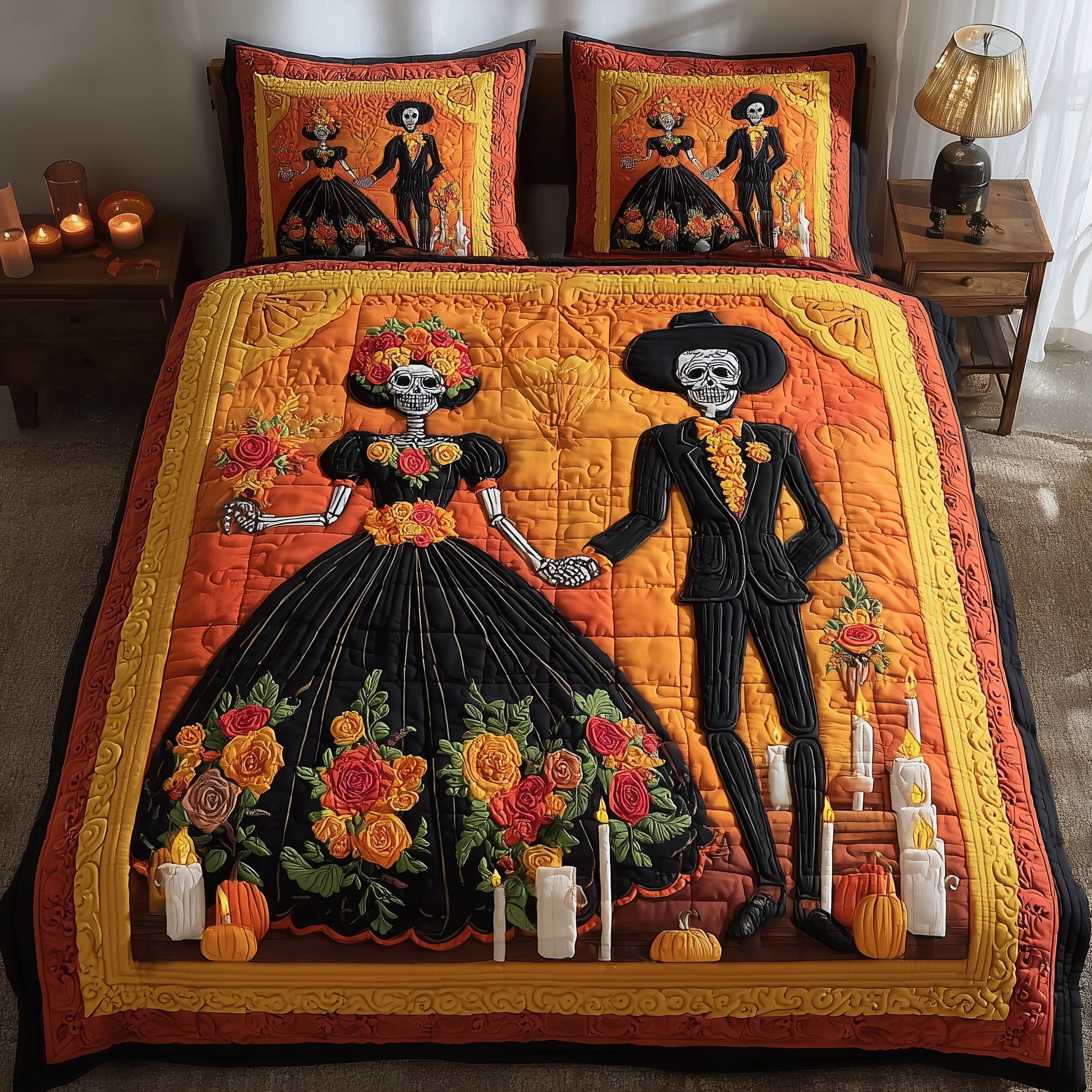 Floral Calavera Quilted Bedding Set Lightweight