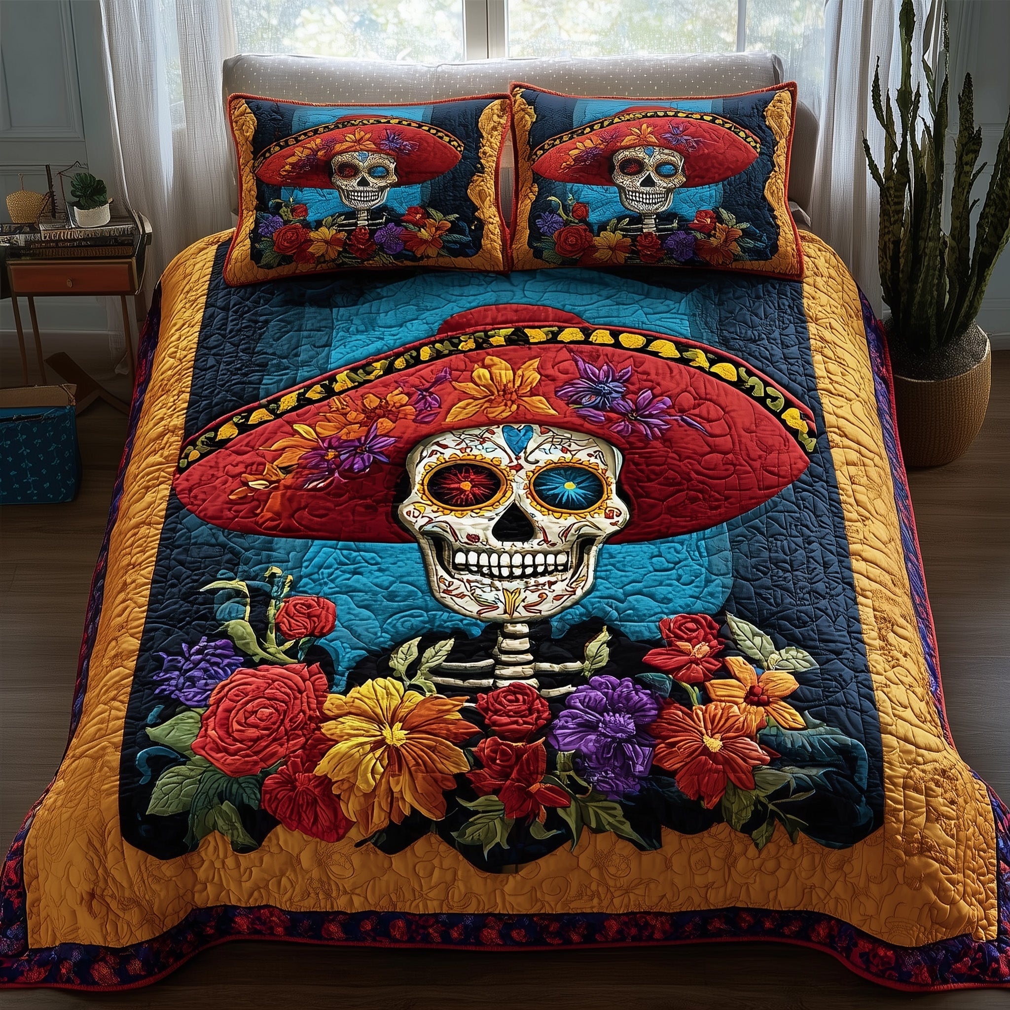 Floral Calavera Quilted Bedding Set Wedding Gift