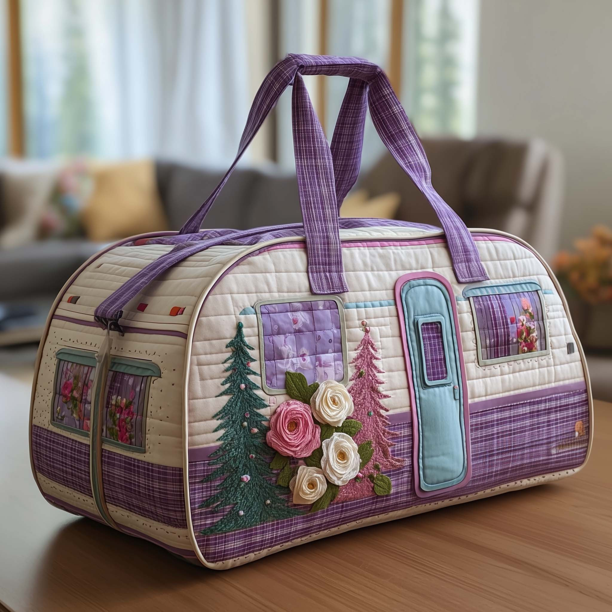 Floral Camper Quilted Duffle Bag Purple Rose Pine Tree Camping Best Gift For Her