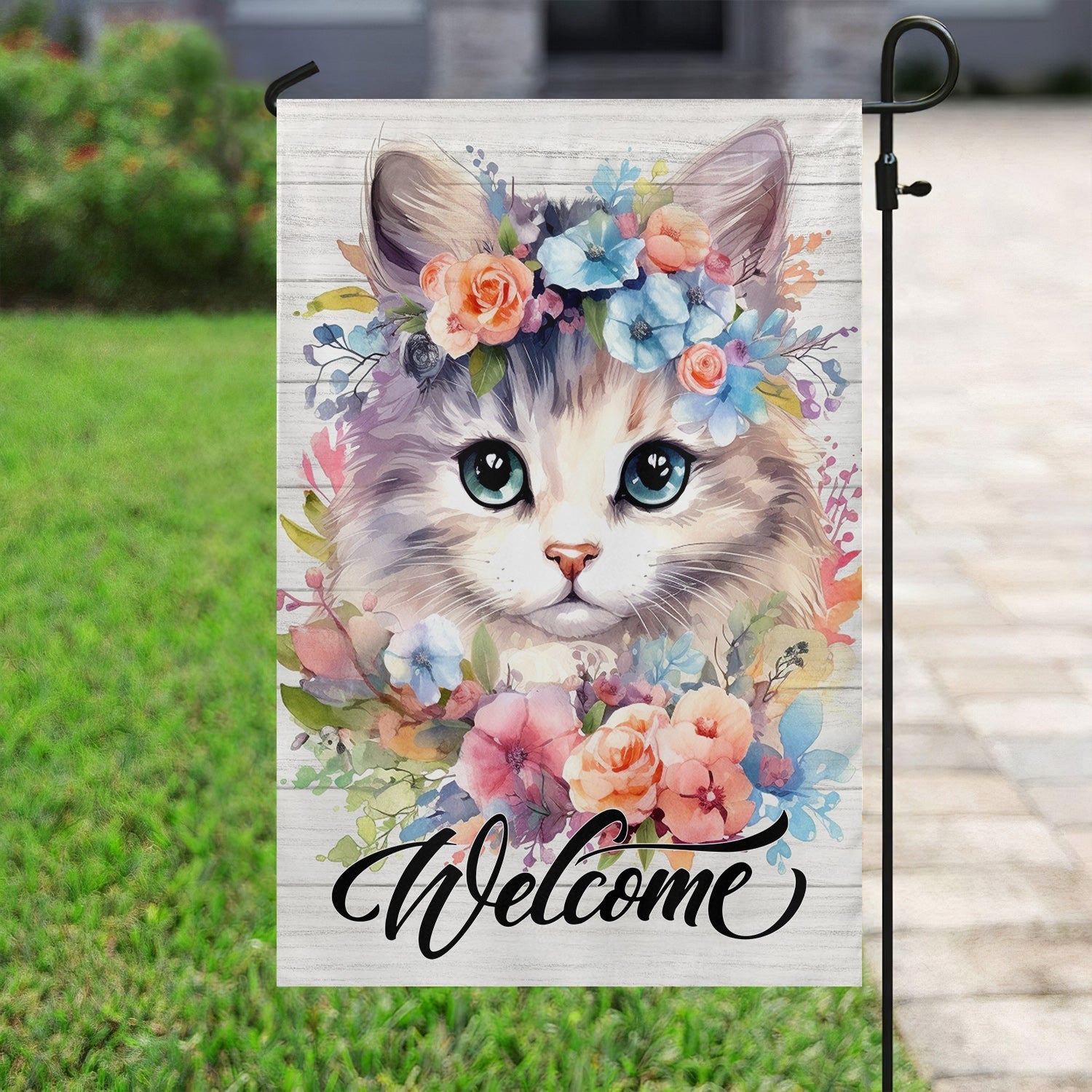 Floral Cat Flag Welcome To My Garden With Flowers Home Decor Gift For Cat Lovers