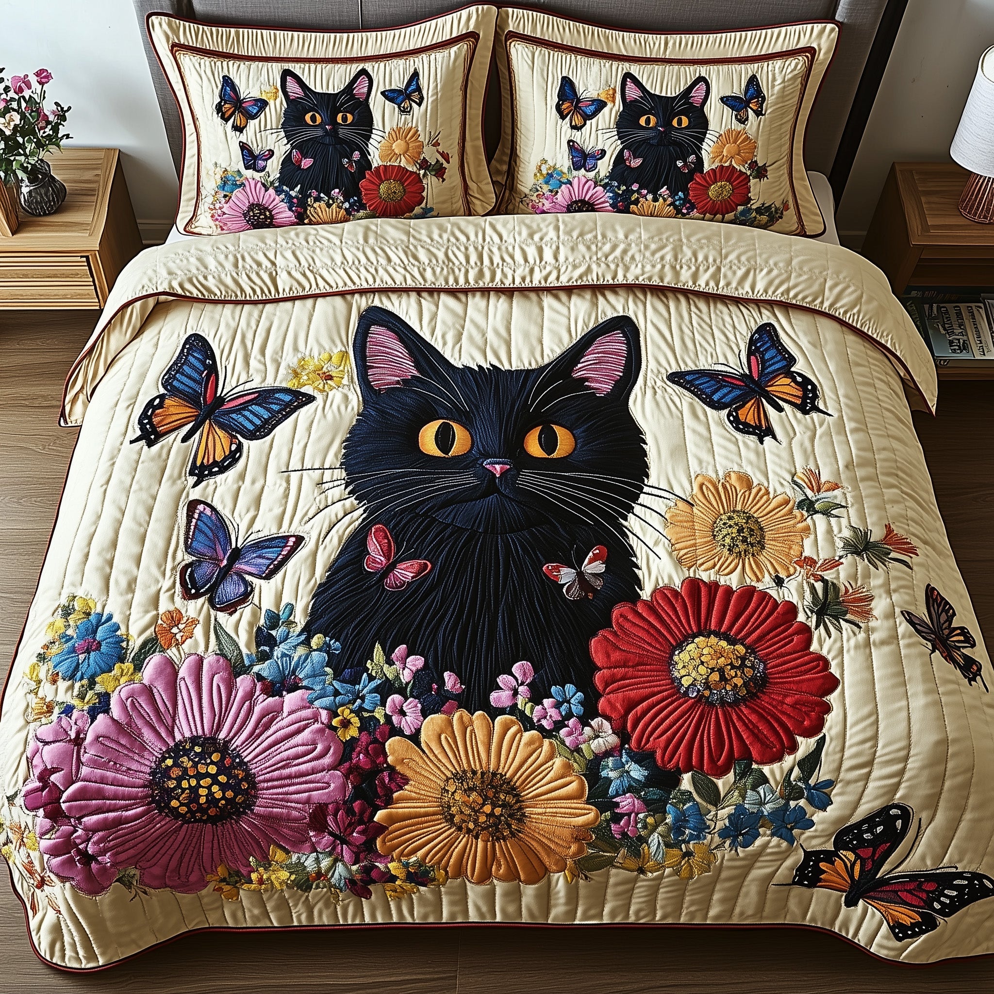 Floral Cat Haven Quilted Bedding Set Duvet Cover Bed Sheet Cat Gifts For Ladies