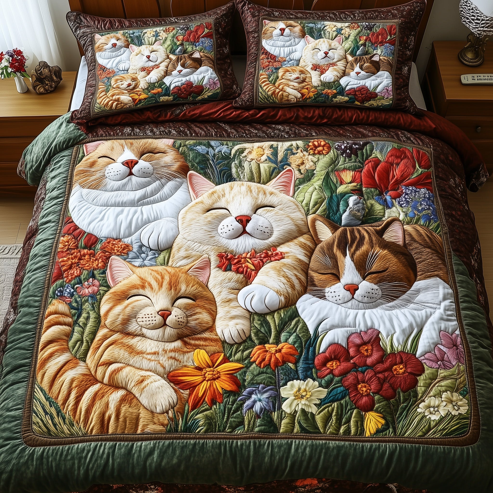 Floral Cat Haven Quilted Bedding Set Duvet Cover Bed Sheet Cute Cat Gifts