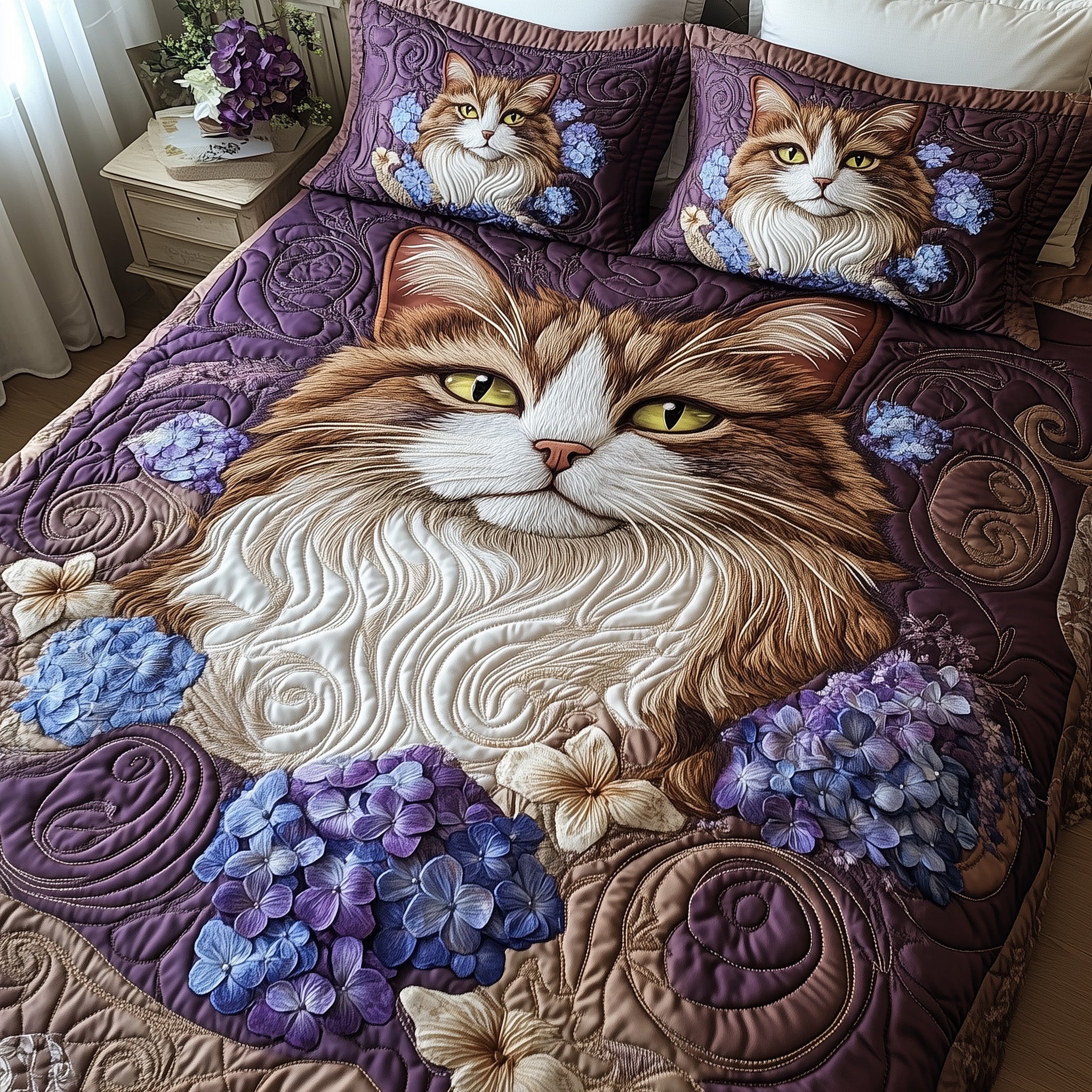 Floral Cat Haven Quilted Bedding Set Duvet Cover Bed Sheet Funny Gifts For Cat Lovers