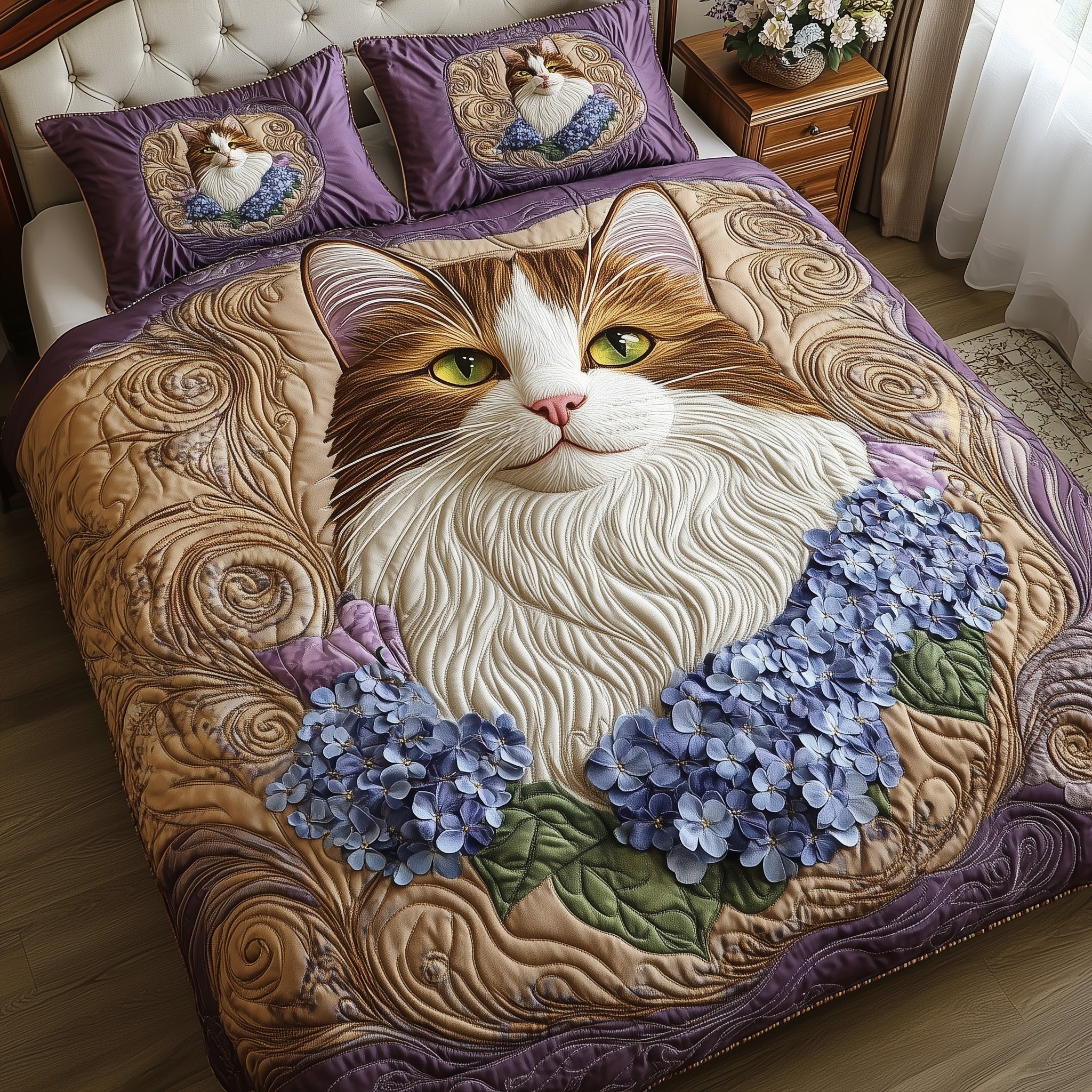 Floral Cat Haven Quilted Bedding Set Duvet Cover Bed Sheet Gift For Cat Lover Woman