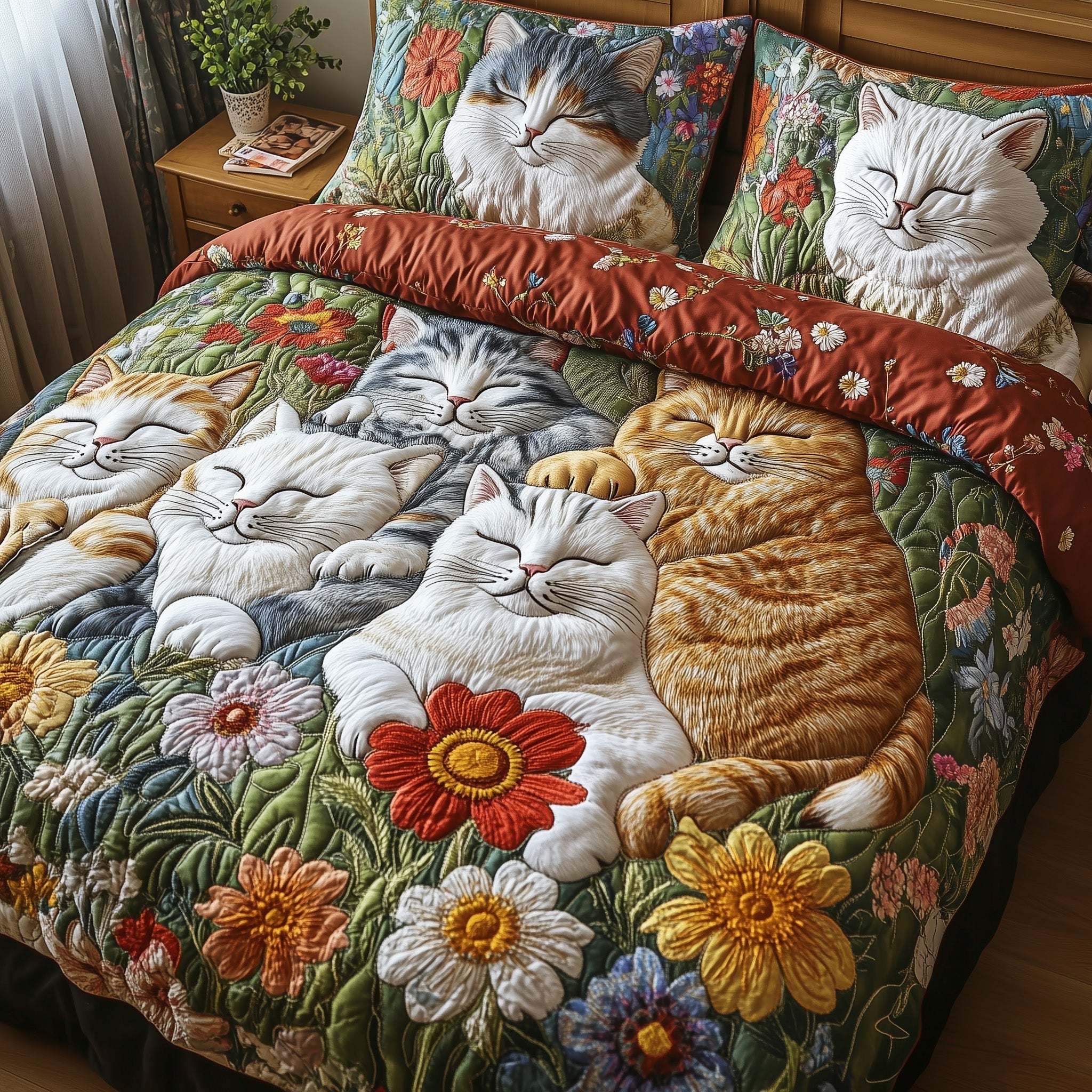 Floral Cat Haven Quilted Bedding Set Duvet Cover Bed Sheet Gifts For People Who Love Cats