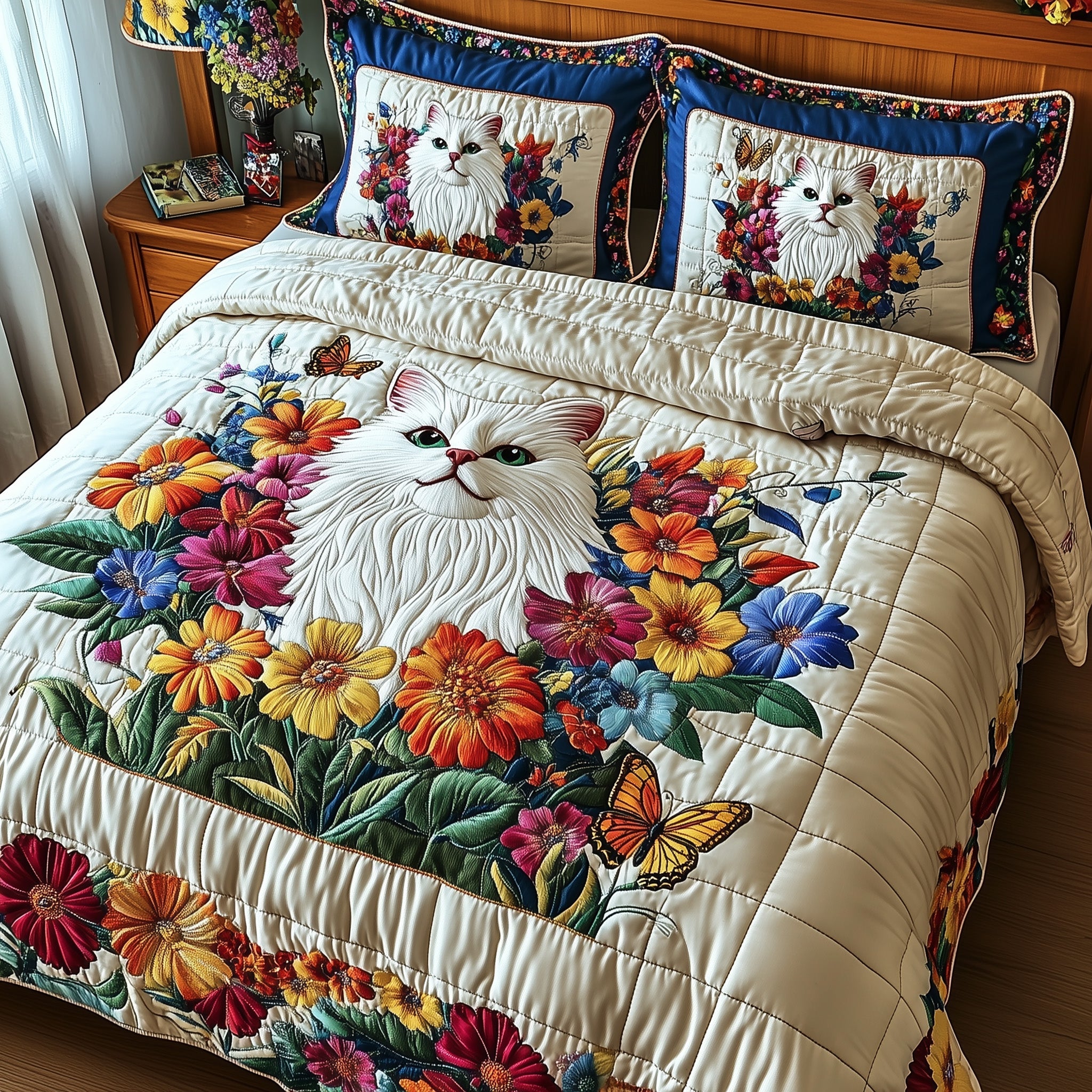 Floral Cat Haven Quilted Bedding Set Duvet Cover Bed Sheet Xmas Gifts For Cat Lovers