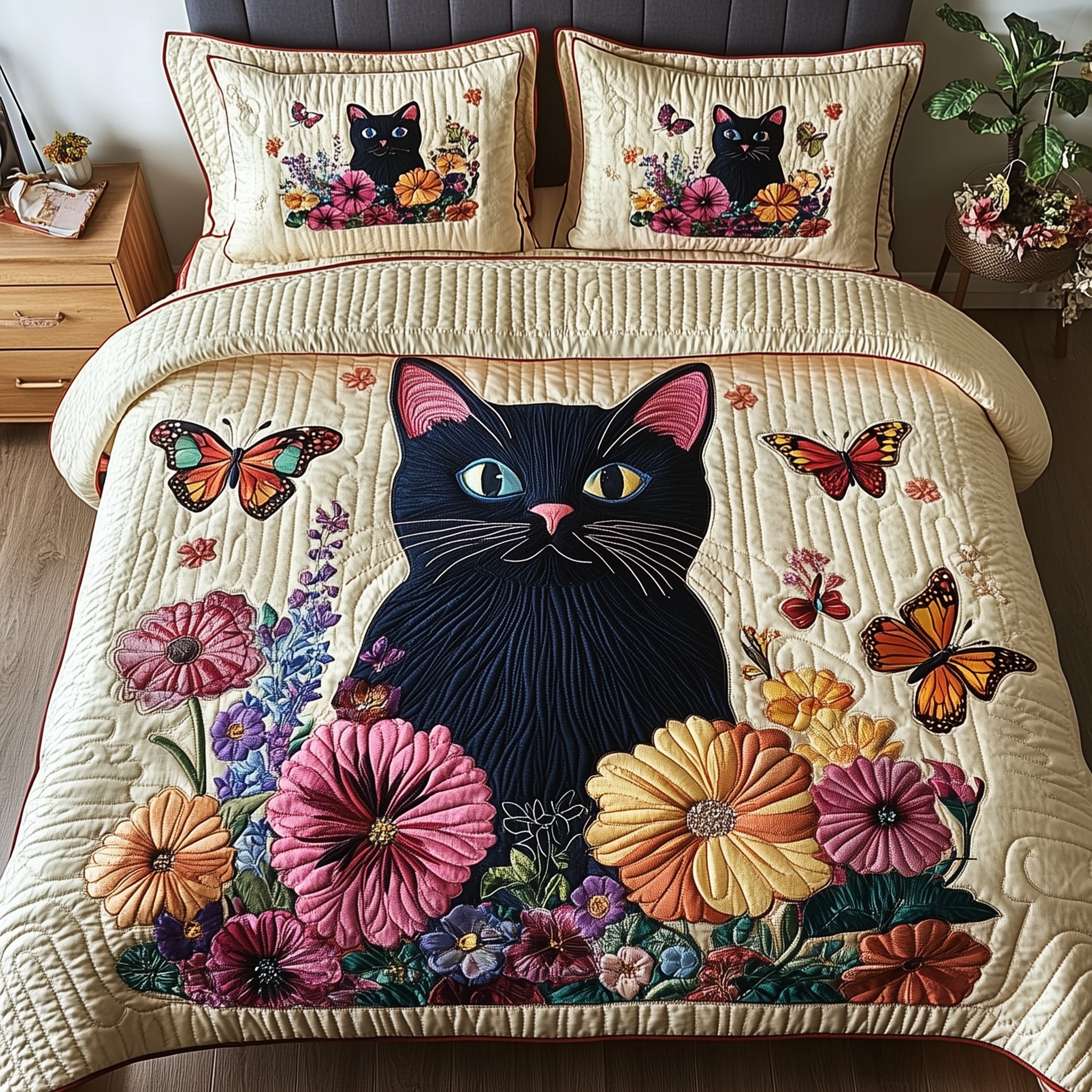 Floral Cat Haven Quilted Bedding Set Duvet Cover Bed Sheet Xmas Presents For Cat Lovers