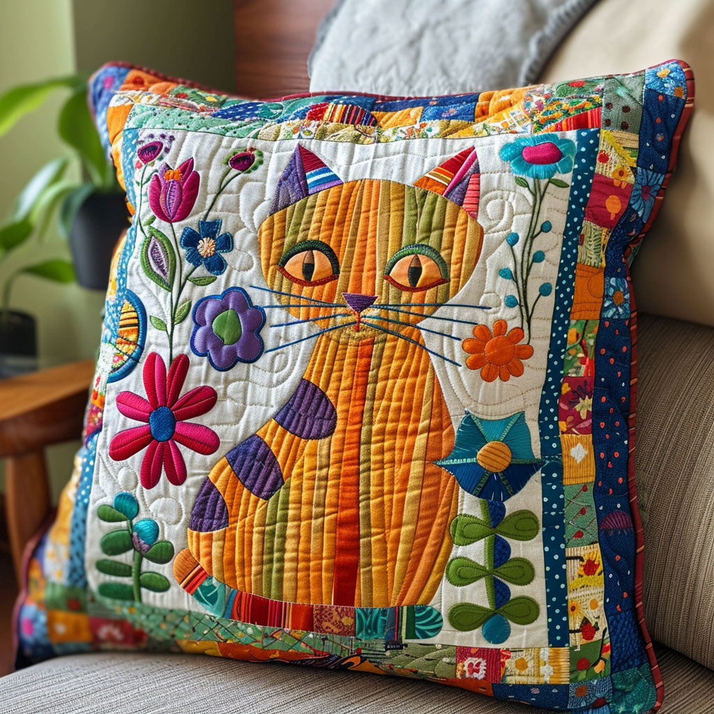 Floral Cat Parade Quilted Pillow Case Cat Themed Trendy Home Decor Gifts For Pet Lover