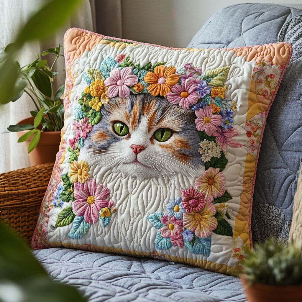 Floral Cat Quilt Pillow Case Cozy Pillow Cover Gift for a Peaceful Sleep