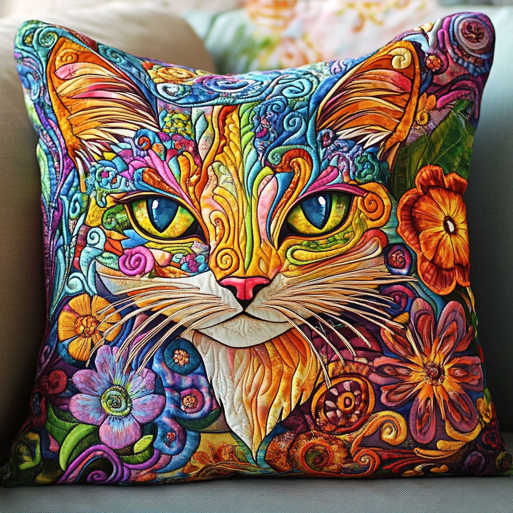 Floral Cat Whimsy Quilted Pillow Case Decorative Pillow Covers Cat Presents For Cat Lovers