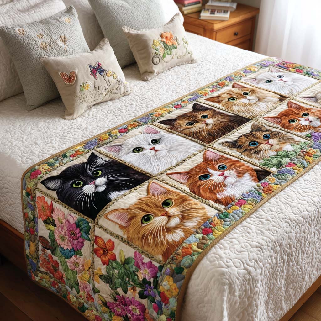Floral Cats Quilted Bed Runner Bed Decorations Present Ideas For Cat Lovers