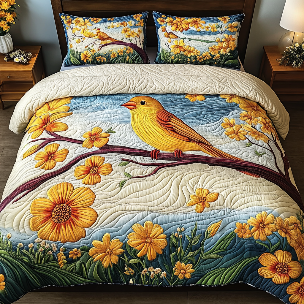 Floral Charm Quilted Bedding Set Cozy Bedroom Decor Bird Gift Ideas