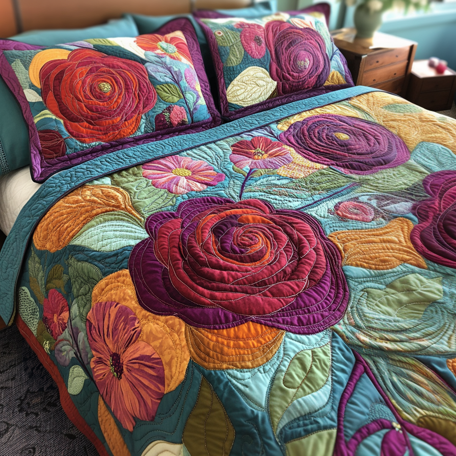 Floral Charm Quilted Bedding Set Cute Room Decor Gifts For Flower Enthusiasts