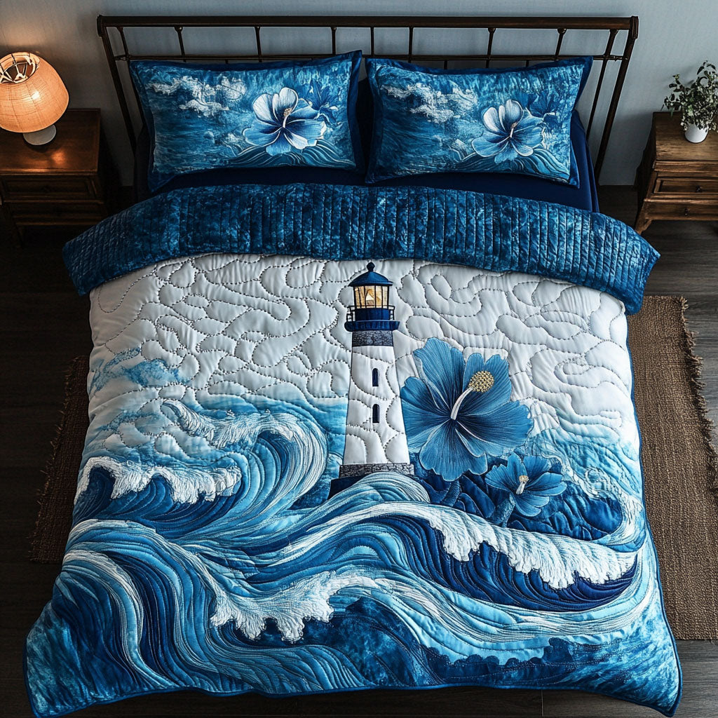Floral Coastline Quilted Bedding Set Cute Bedroom Decor Lighthouse Gift Ideas For Her