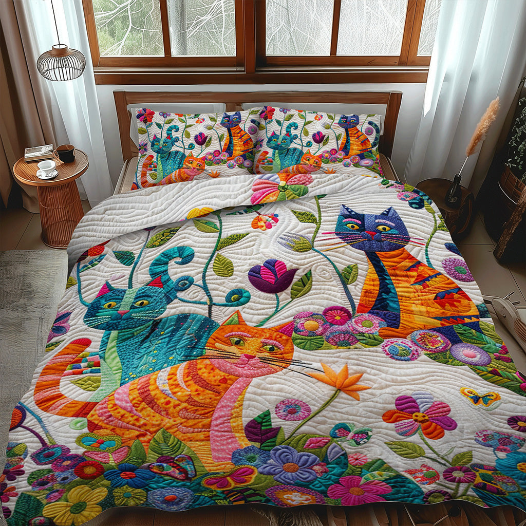 Floral Colorful Cats Quilted Bedding Set King Bedspread Cat Lover Gift For Sister