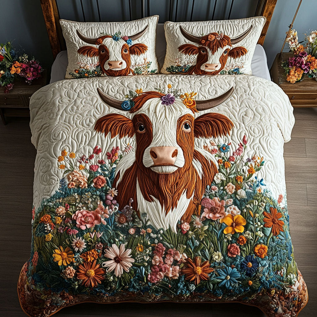 Floral Cow Dreamscape Quilted Bedding Set Best Bedspread Set Presents For Cow Lovers