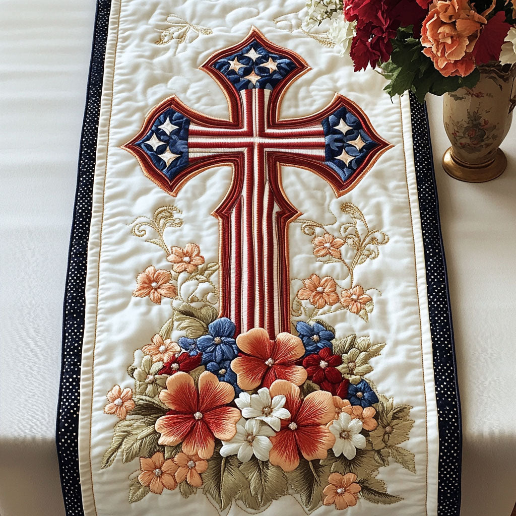 Floral Cross Pride Quilted Table Runner Christian Table Decoration Ideas Patriotic Gift Items