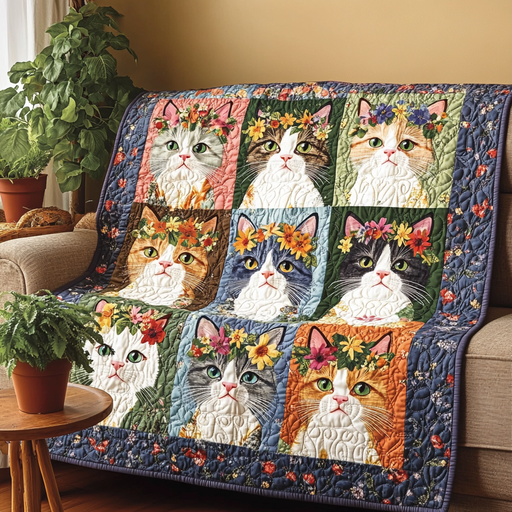Floral Crown Kitties Quilted Blanket Gifts For Cat Owners