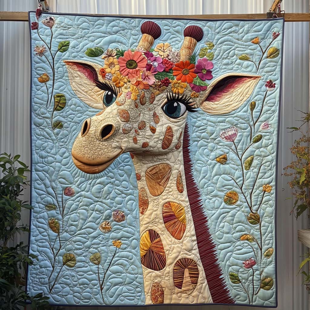 Floral Crowned Giraffe Quilted Blanket Presents For Giraffe Lovers