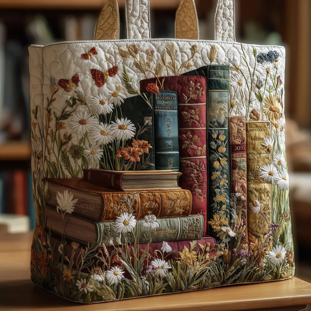 Floral Daisy Book Garden Quilted Tote Bag Bookworm Literary Reader Flower Lover Nature Gift For Mom