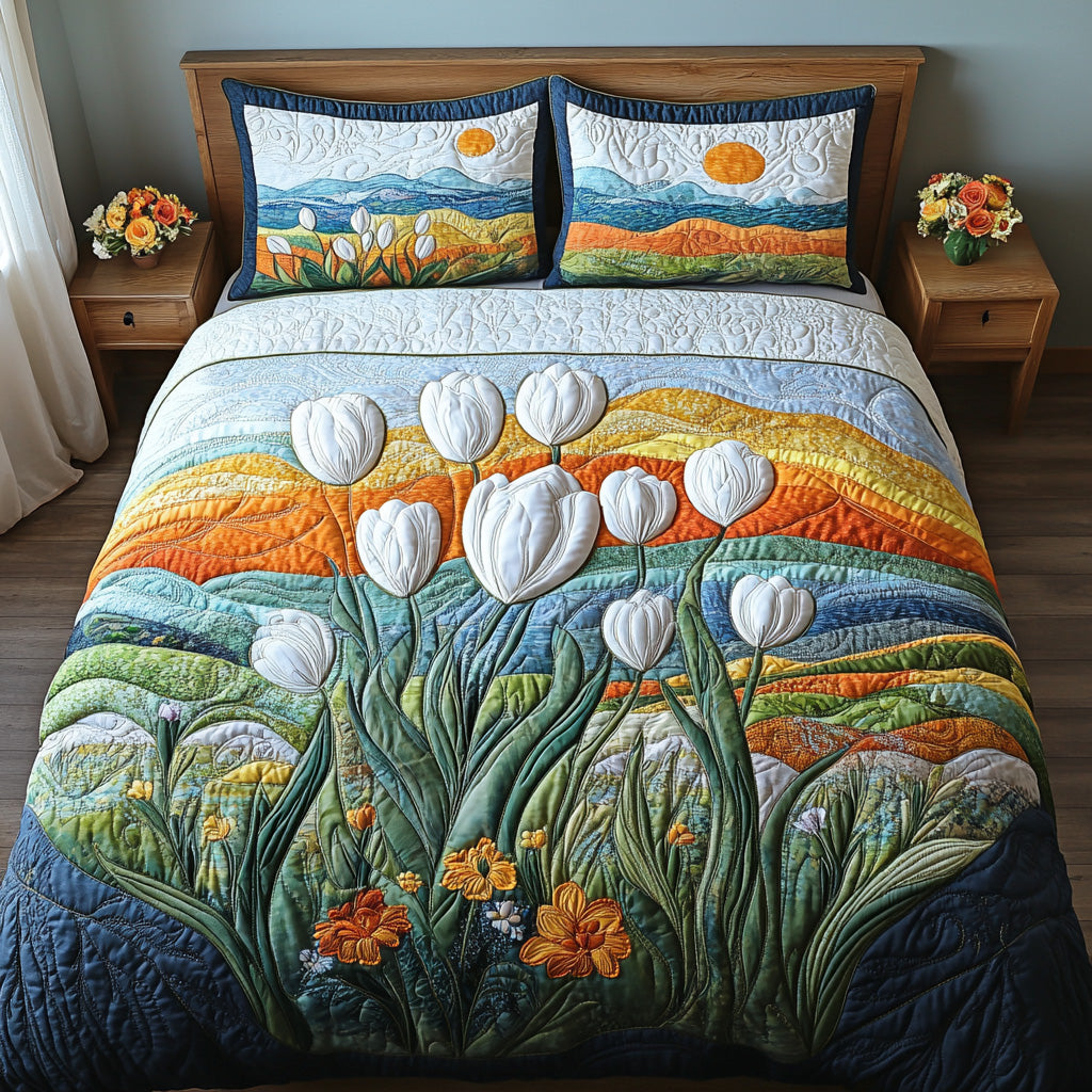 Floral Dawn Quilted Bedding Set Bedroom Decorations Tulip Gifts Items