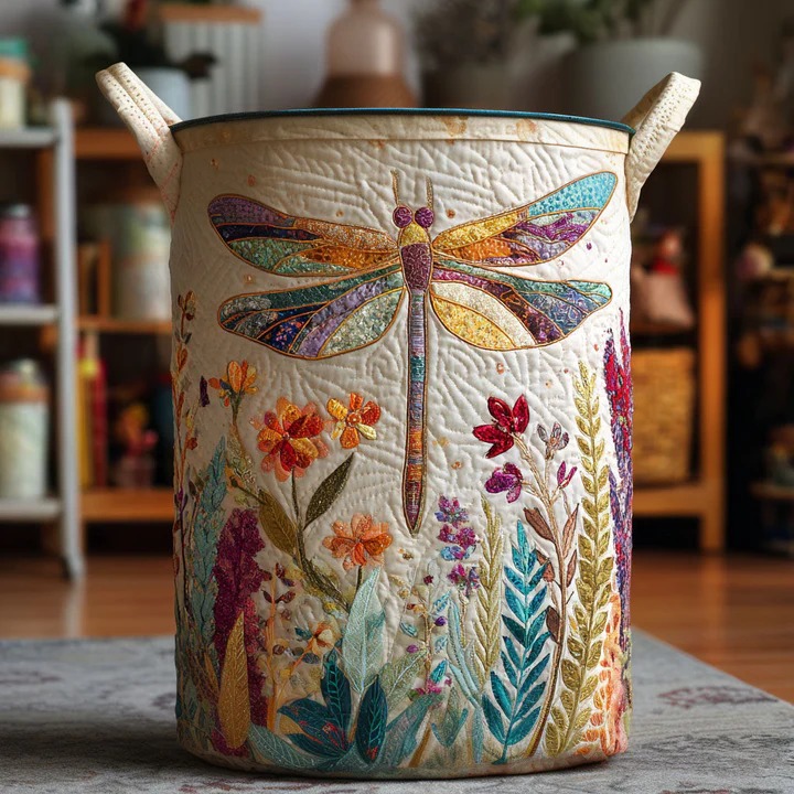 Floral Dragonfly Botanical Quilted Laundry Basket Boho Garden Home Decor Best Gift For Dragonfly Lovers