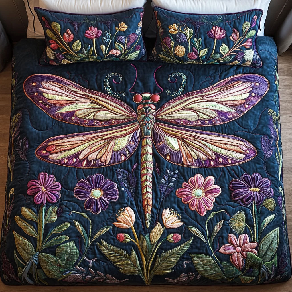 Floral Dragonfly Dreams Quilted Bedding Set Stylish Bed Sheet Set for Modern Home
