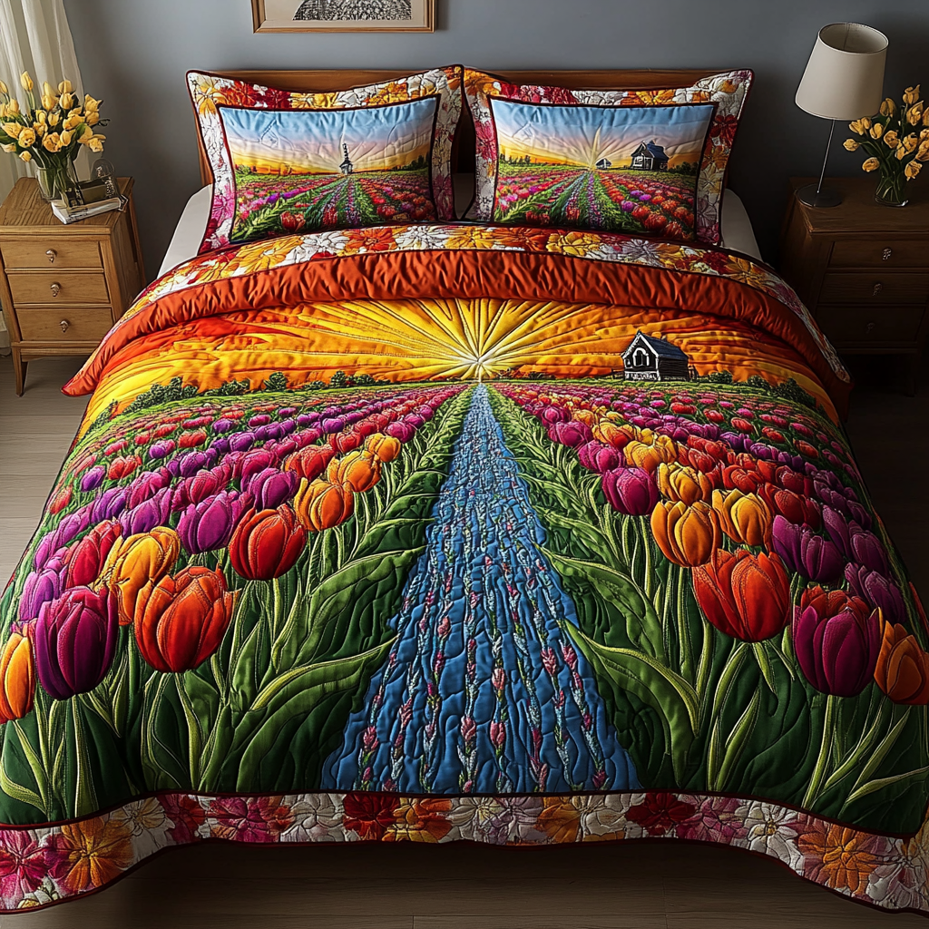 Floral Dream Quilted Bedding Set Bed Decor Tulip Themed Gifts For Adults