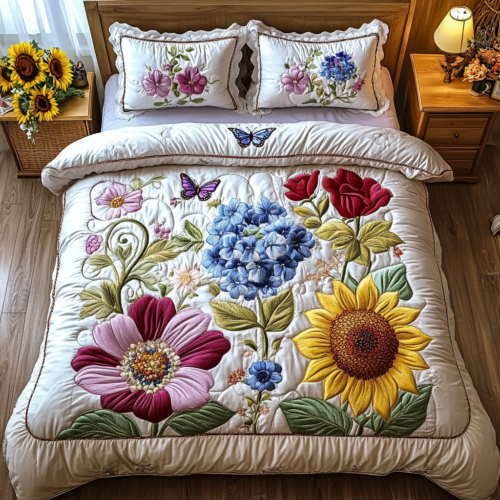 Floral Dreamscape Quilted Bedding Set Best Bedspread Set Best Gifts For Flower Lovers