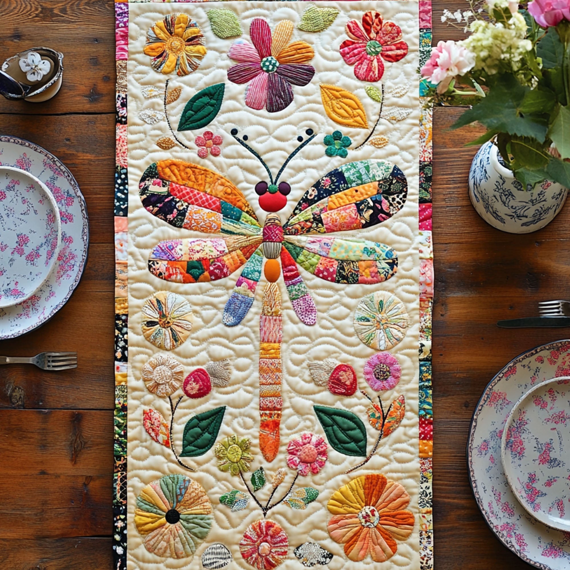 Floral Drift Quilted Table Runner Dining Room Centerpieces Dragonfly Gifts For Lady