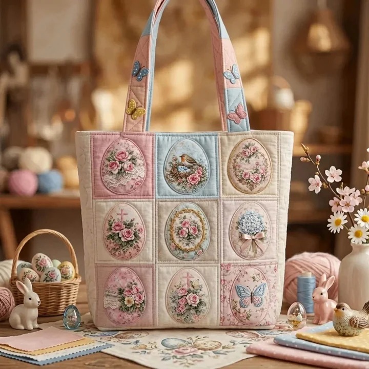 Floral Easter Egg Patchwork Quilted Tote Bag Spring Holiday Seasonal Floral Celebration Gift For Mother