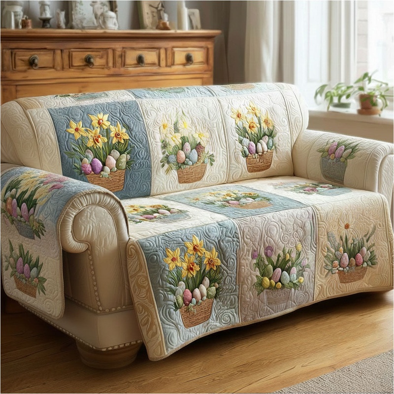 Floral Egg Fantasy Quilted Sofa Cover Easter Spring Decor Gift For Easter Lovers