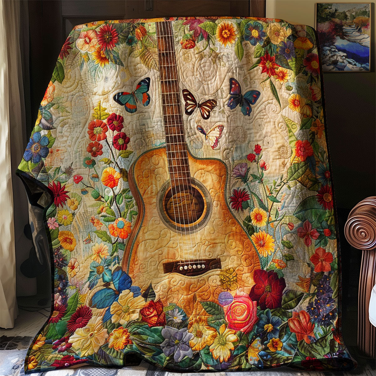 Floral Electric Guitar Quilt Blanket Flower Throw Blanket Special Gifts For Guitar Lovers