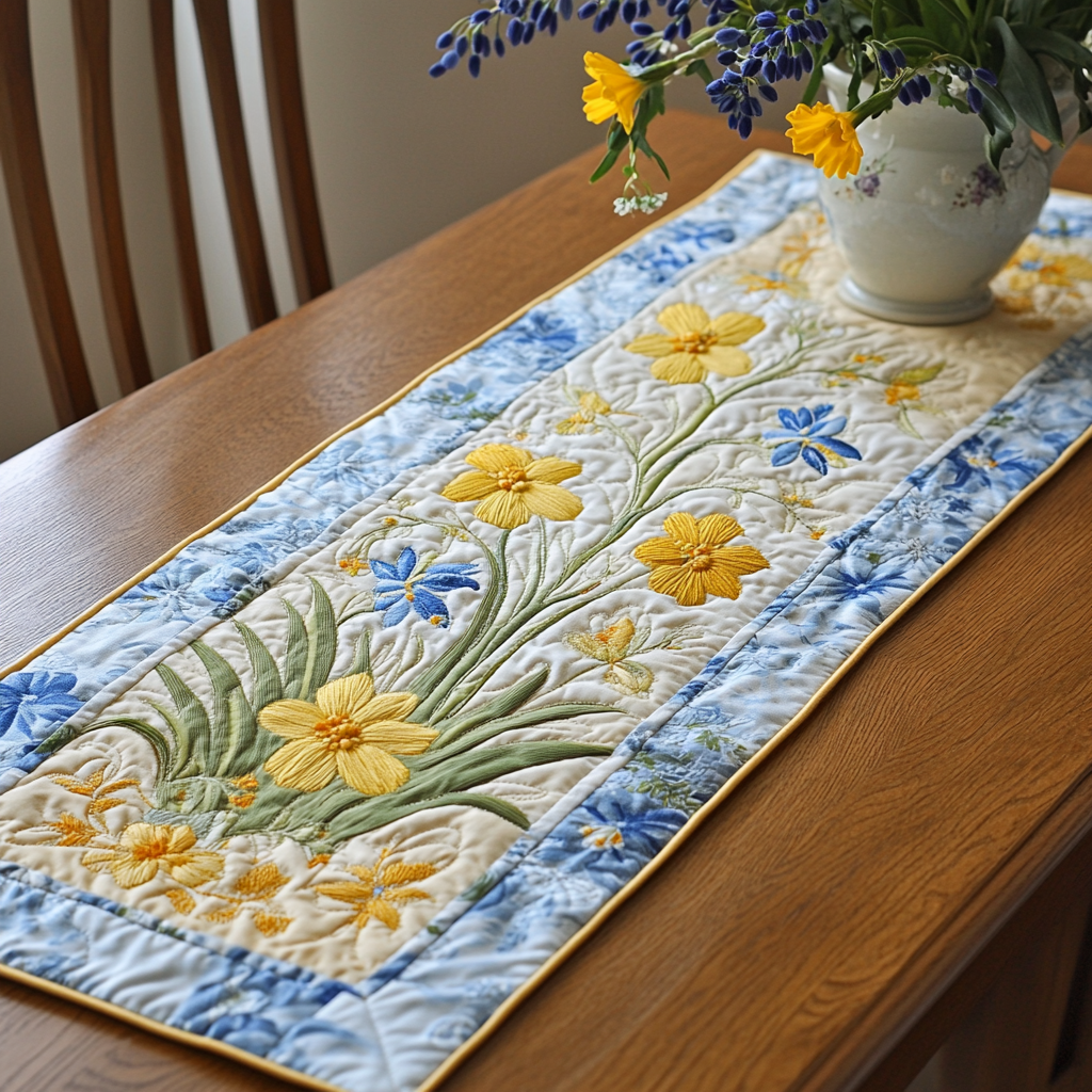 Floral Elegance Quilted Table Runner Yellow Floral Table Runner Dining Table Decor Ideas