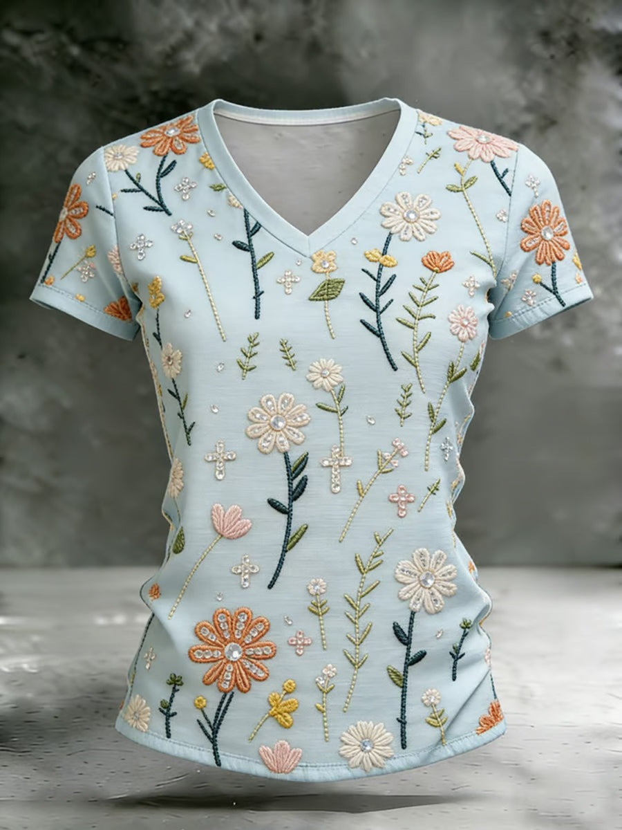 Floral Embroidered Pastel V Neck T-Shirt Vintage Cute Spring Clothes Gift For Women